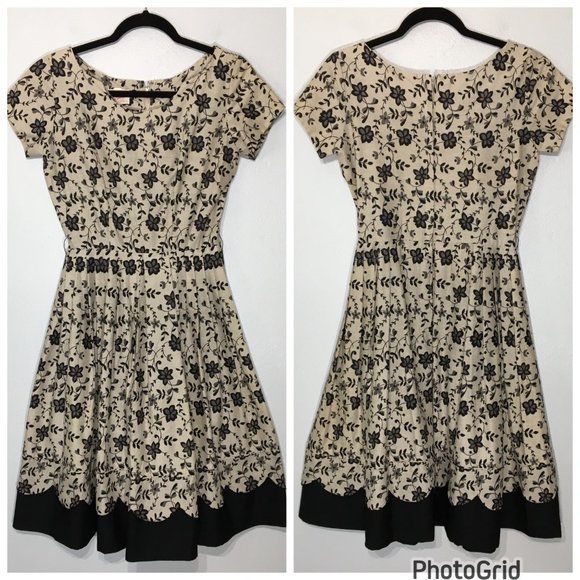 Vintage 50s Tan Floral Fit and Flare Party Dress Matching Belt Pleated Skirt VLV - Picture 2 of 16